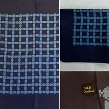 Made in England Silk Twill Navy  Blue Check Foulard Pocket Square 44cm x 44cm