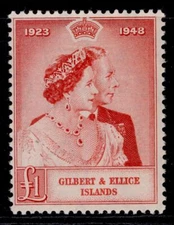 GILBERT & ELLICE IS GVI SG58, £1 scarlet, NH MINT. Cat £18.