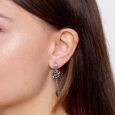 Rose Stud Earrings Clear Cubic Zirconia with Leaf charm  Dangle stainless steel