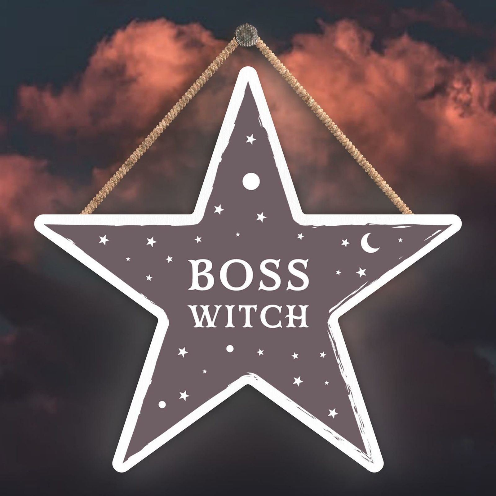BOSS WITCH STAR SHAPED WITCHCRAFT THEMED HALLOWEEN WOODEN HANGING PLAQUE