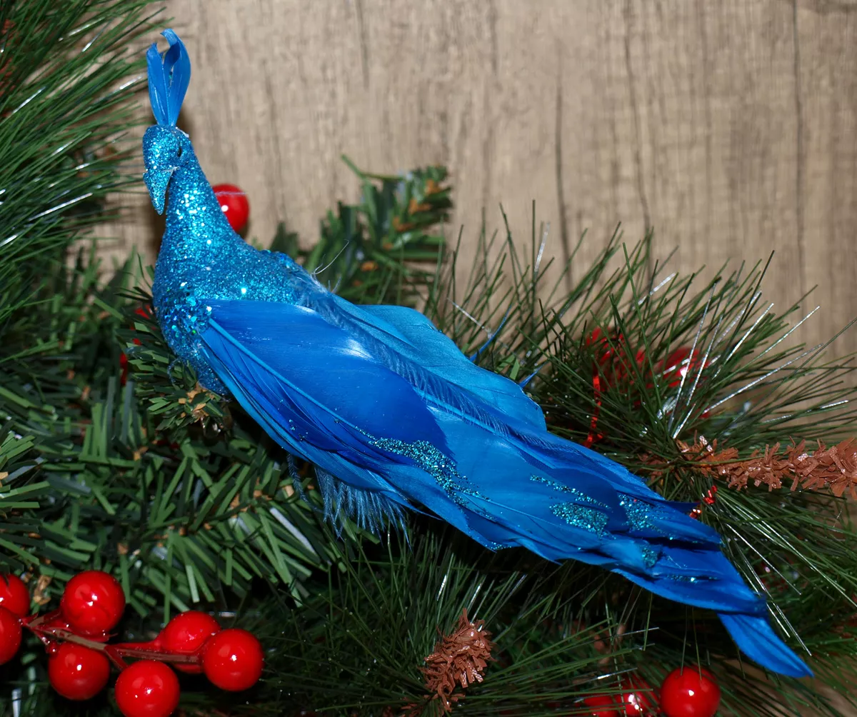 Teal Blue Peacock Clip On Craft Birds - Christmas Tree Decorations (Set of  2)