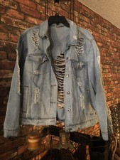 Very Very Distressed Jean Jacket XL light wash blue jeans HWY big inside pockets
