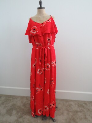 NEW City Chic Maxi Long Dress L 20 Red Floral Halter Off Shoulder Hawaiian belt