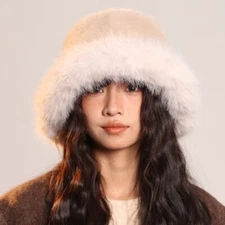 Faux Fur Hat Women's Winter Plush Bucket Hat Thermal Pullover Hat