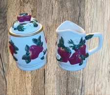 Apple Sugar & Creamer Set K. K. Merchandise White Flowers Red Embossed Apples