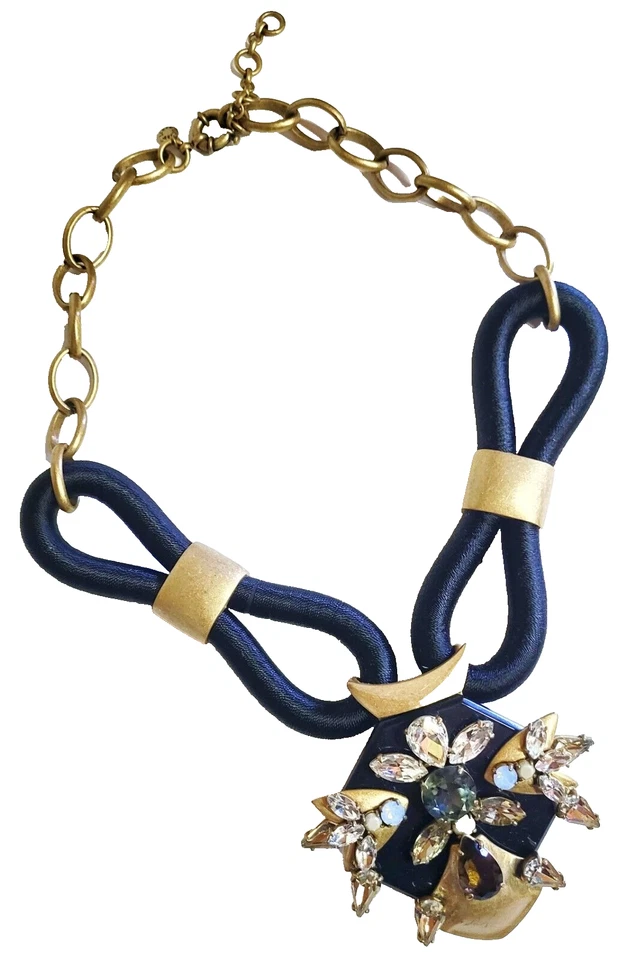 J.Crew Corded Medallion Statement Necklace Black Multi Light Gold Ox Brass B1692 - Image 2 of 4