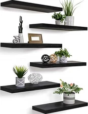 Wood Floating Shelves for Wall Wooden for Bedroom Set of 6 Black 17 Inch