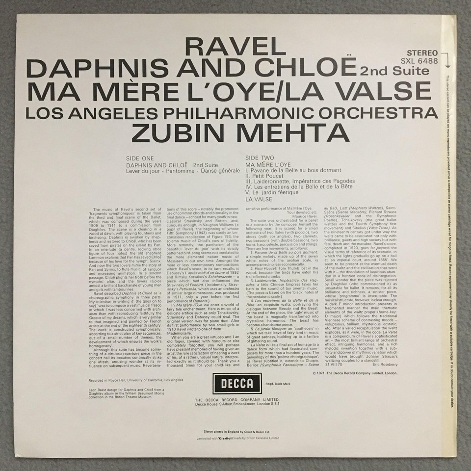P866 Ravel Daphne & Chloe La Valse Mehta DECCA SXL 6488 Stereo | eBay UK