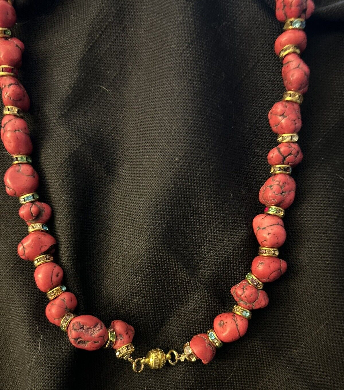 Statement Red Turquoise Chunky Bead  Necklace Rhi… - image 4