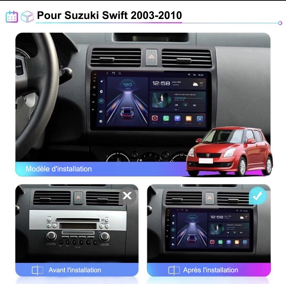 Autoradio Android 12 pour Suzuki Swift Idéal Voyages avec GPS et Mains Libres