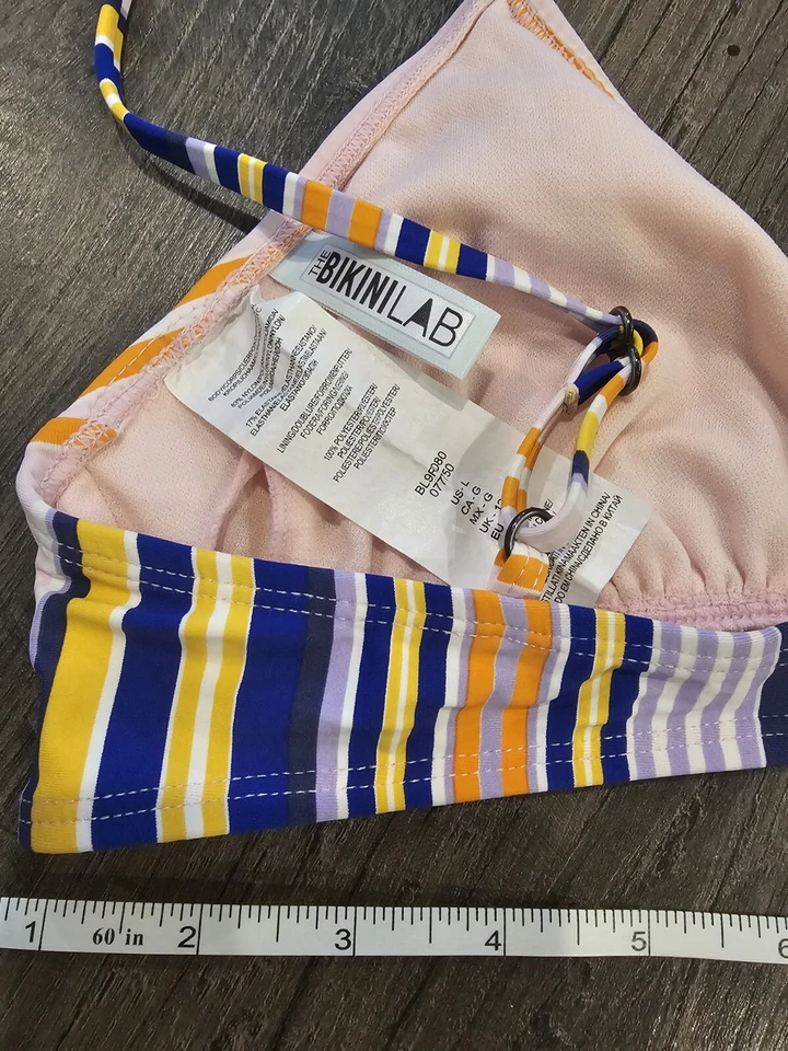 Bikini de laboratorio talla L púrpura naranja amarillo a rayas recortado bikini vacaciones de San Valentín Foto 4 de 4
