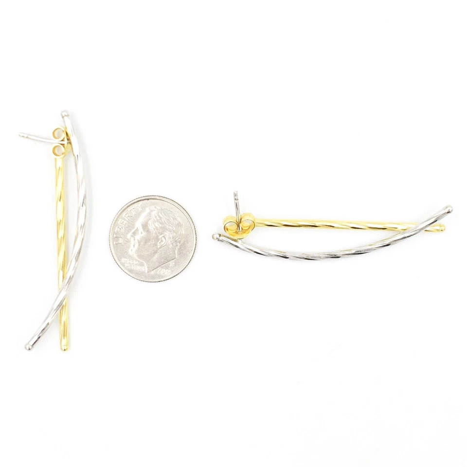 14k Yellow & White Gold Textured Dangle/Drop Curve Bar Enhancer Earrings - Image 3 of 4