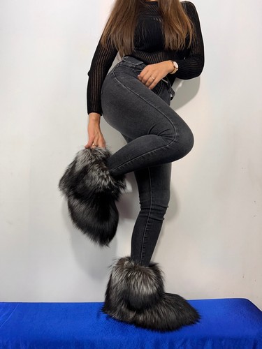 Silver-Black Fox Fur Boots Double Sided Fur Indoor and Outdoor 10" (26cm) Height - Picture 9 of 11