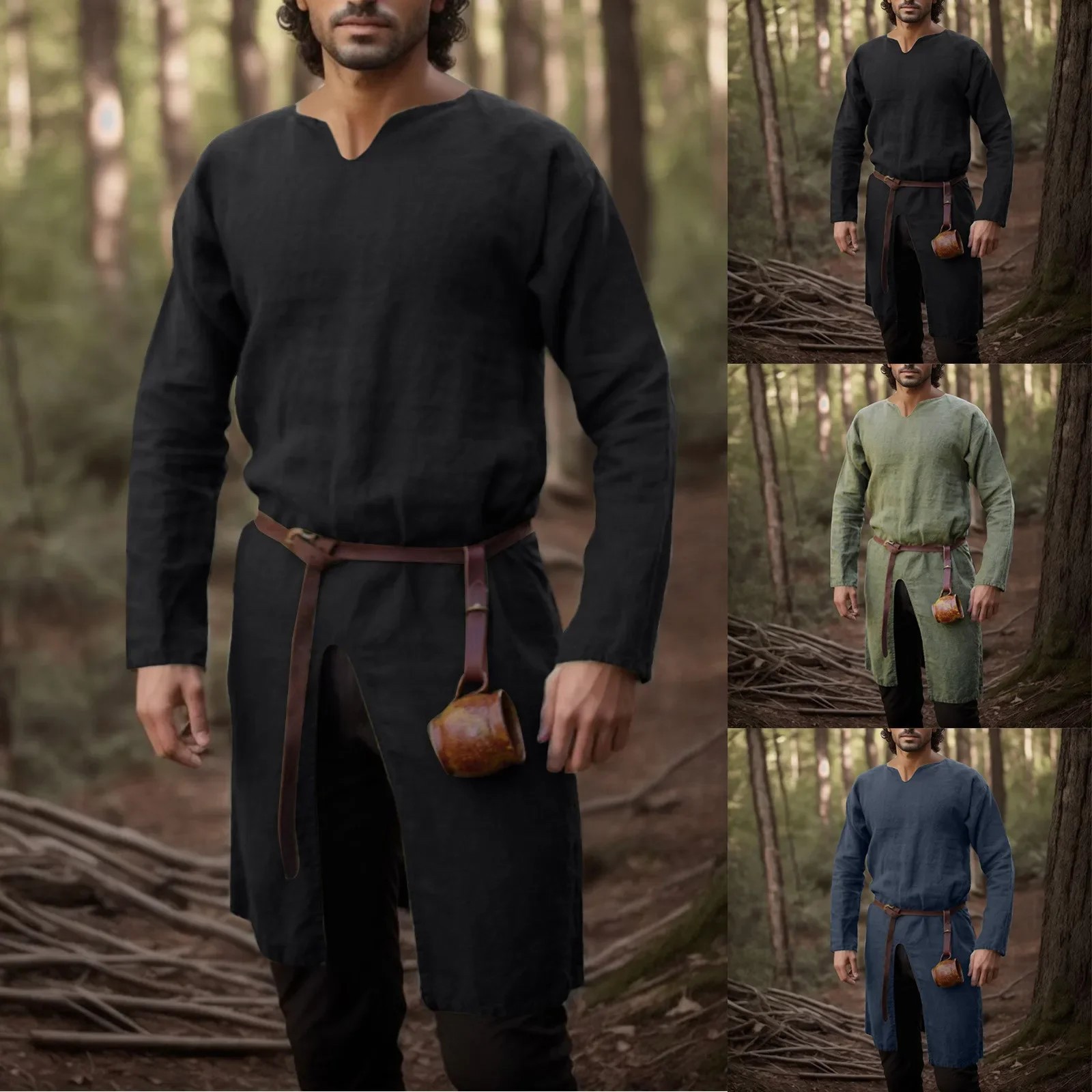 NUEVOMedieval Renacimiento RetroLino Camisa Vikingo Pirata Túnica Túnica Bata Caballero Disfraz