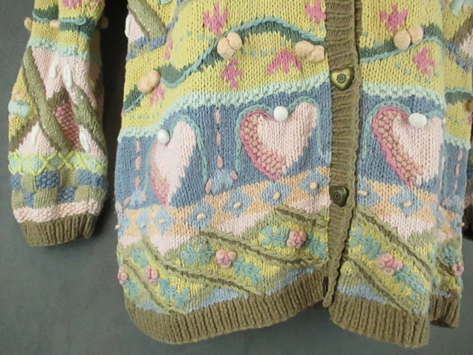 Suéter Maurices Mujer Mediano Tejido a Mano Bobble Cárdigan Corazones Floral Grueso Años 90 Foto 4 de 4
