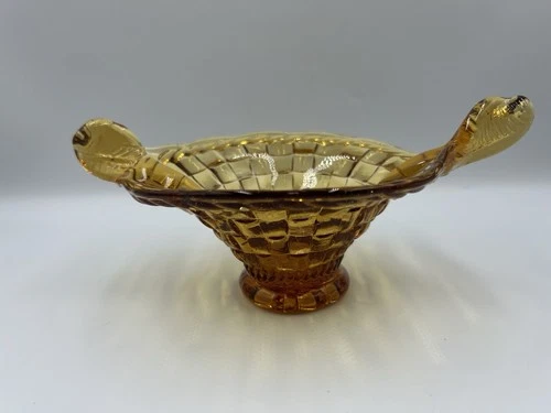 Fenton Amber Footed Glass Basket Weave Candy Dish W/Twisted Handles Vintage 9”