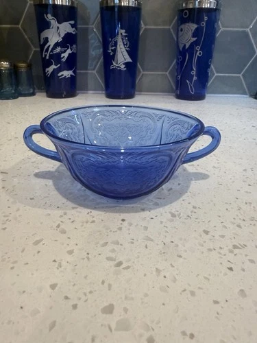 Hazel Atlas Royal Lace Cobalt Blue Handled Cream Soup Bowl Depression Glass