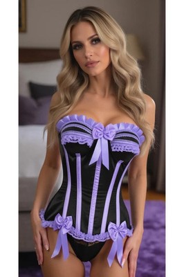 Black & Purple Satin & Lace Bustier Corset Top Goth Burlesque Pinup Club Vampire