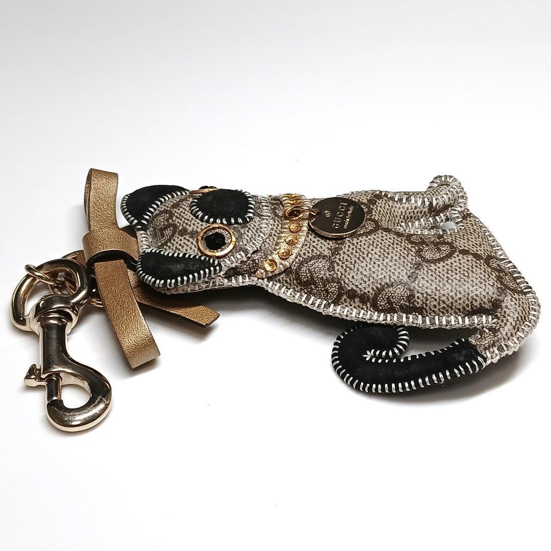 GUCCI Bag Charm Key Ring Guccioli Pug Dog Oliver GG Leather Brown