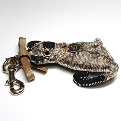 GUCCI Bag Charm Key Ring Guccioli Pug Dog Oliver GG Leather Brown