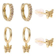 3 Pairs Butterfly Earrings Set, 3 Styles Gold Piercing Earrings Studs Butterfly