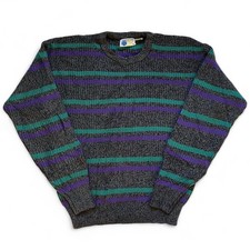 Vintage 90s Striped Gray Purple Teal Sweater Crewneck Ski XL Acrylic Preppy M L