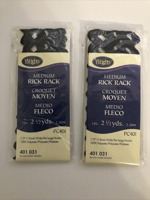 Lot of 2 Wrights Medium Rick Rack -Black 401 131-2 1/2 yds- 1/2'' Wide