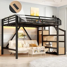 Full Loft Bed with Storage Stairs Shelves Built-in Wardrobe Metal Loft Bed Frame
