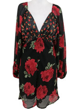 Asos Womens Dress Size 12 Black Floral Plunge Balloon Sleeve Open Back Used F1