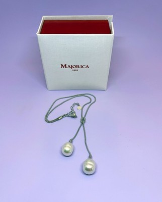 Majorica ''Tender'' Necklace  2 Baroque Pearls, Rhodium-Plated Silver Lariat Chain