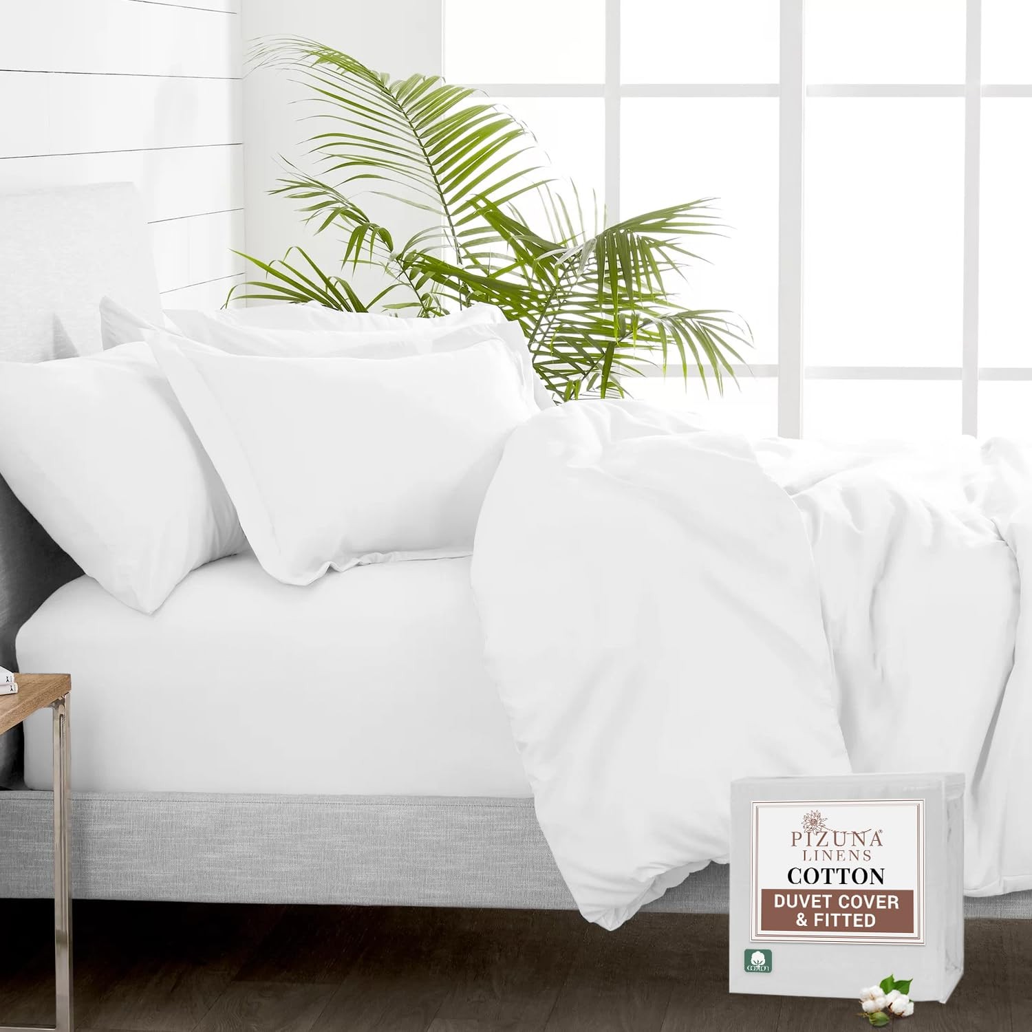 Pizuna Pure 100% Cotton Duvet Cover Set + Fitted sheet - King, Bright White