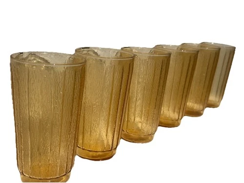 Vintage Amber Spruce Wood Honey Gold Glasses Ice Tea Tumblers 6 In Set In Box