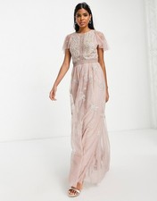 ASOS Bridesmaid pearl embellished flutter sleeve maxi dress floral embroidery 12