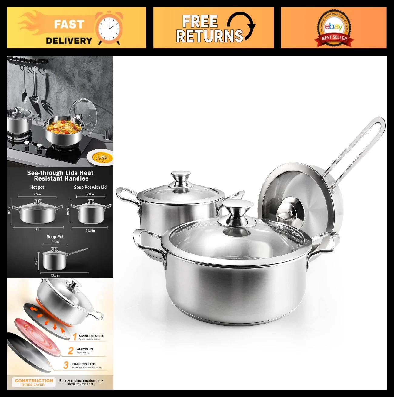 6-Piece Induction Cookware Set, Stainless Steel Pots & Pans with Glass Lids, Non