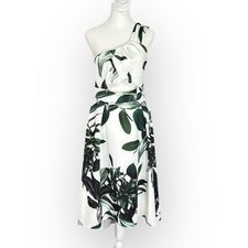 ASOS One Shoulder High-Low Dress Women's 6 White Green Palm Print Scuba 