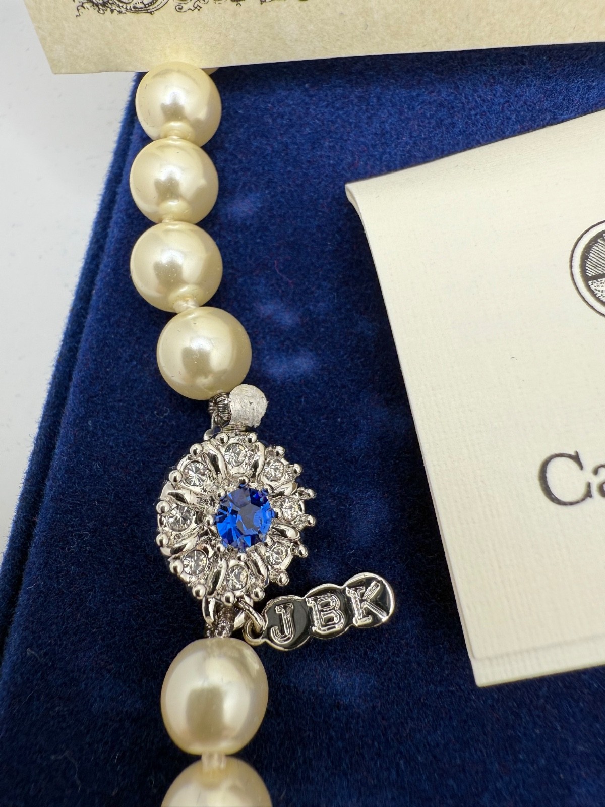 Vintage Camrose Kross JBK Kennedy Faux Pearl Blue Rhinestone Statement 20”