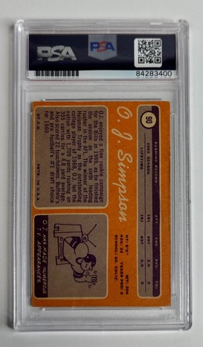 OJ Simpson Signed 1970 Topps #90 RC Auto Grade GEM MT 10 Slabbed PSA 84283400 - Picture 2 of 2