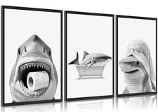3pcs Black And White Shark Bathroom Canvas wall art Funny ocean Animal bathtu...