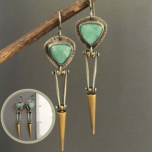 Dangle Drop Ethnic Vintage Jewellery Unusual Spike Earrings Green Stone Metal - Picture 4 of 11