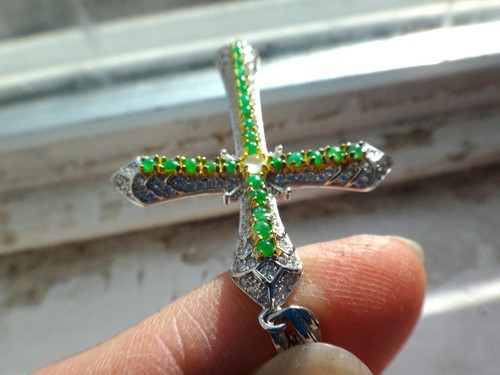 925 Sterling Silver Cross Natural Genuine A Jadeite Jade Icy Sun Green Pendant - Picture 7 of 9