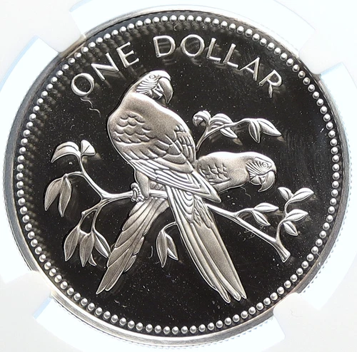 1977 BELIZE Avifauna Scarlet Macaw BIRD OLD Proof Silver Dollar Coin NGC i106360