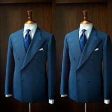 Blue Formal Business Men Suits Double Breasted Peak Lapel Wedding Groom Tuxedo