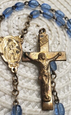 Vintage Rosary 4 decade 1950s blue glass beads Catholic G30
