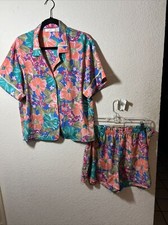 Vintage 1980s Gold Tag Victoria s Secret Tropical Print 2 Piece Pajama Set