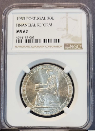 1953 PORTUGAL SILVER 20 ESCUDOS 20E FINANCIAL REFORM NGC MS 62 BRIGHT BEAUTIFUL