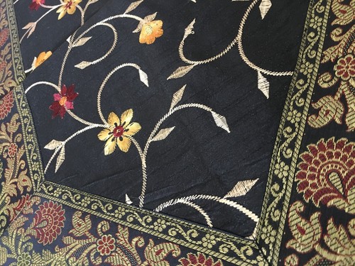Table Runner Silk Brocade 60 Inch Runner Embroidery Runner Floral Boho Black Red - Picture 15 of 15