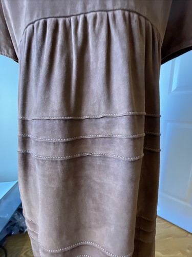 Faconnable Goatskin Suede real leather dress Brown Pintucked Scoop Neck Sz S New - Picture 5 of 12