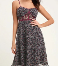 Lulus Coralynn Navy Blue Magenta Floral Print S Midi Dress Corset Bustier Strap