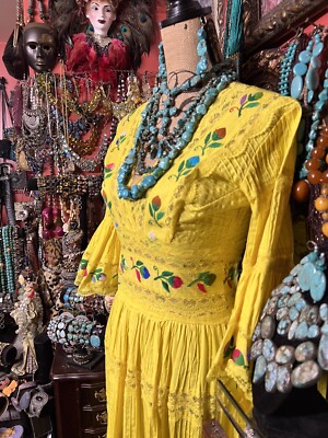 crochet mexican dress Vintage Oaxacan Mexican Yellow Multi Colored Hand Embroidered Crochet Dress  S/M