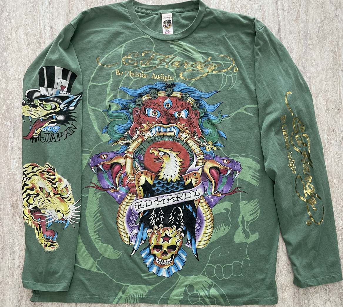 RARE* ED HARDY Eagle Skull Snake Tattoo Mens XL Long Sleeve  display picture 2